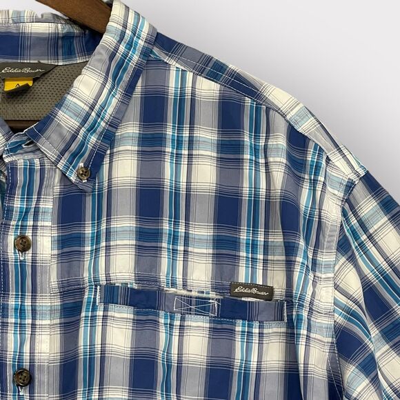 Eddie Bauer Travex Button‎ Down Shirt Men 2XL Blue Plaid Short Sleeve Pockets - Picture 4 of 13